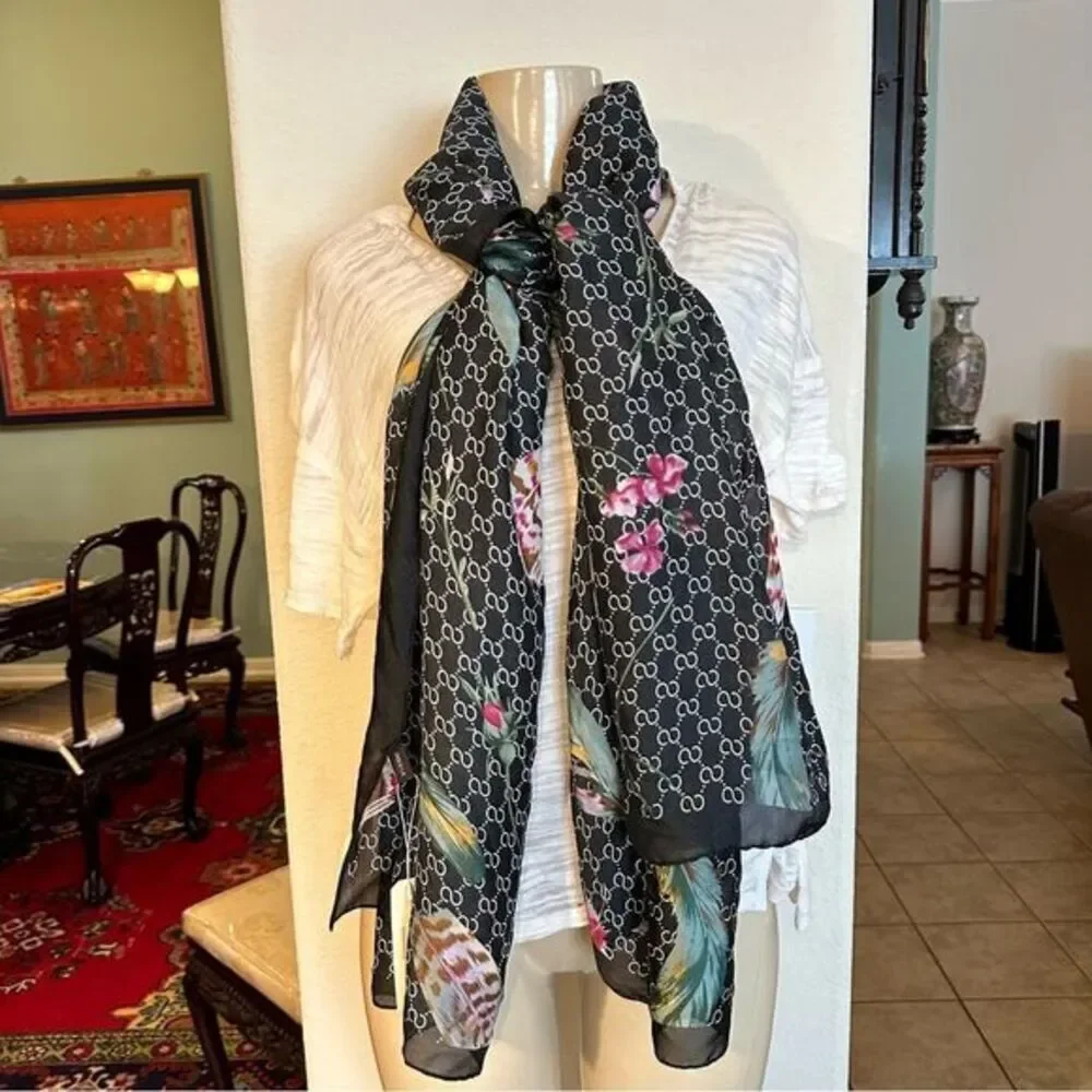 100% SILK BY FASHION DESIGN FEATHER‎ FLORAL LARGE SOFT LIGHTWEIGHT SCARF NWT